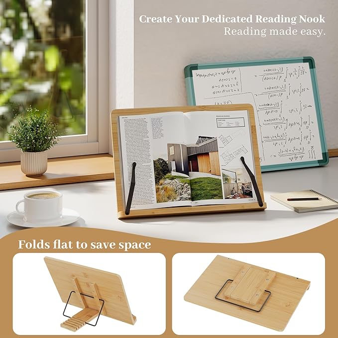 Bamboo Book Stand, Adjustable Book Holder, Music Stand - Lightweight and Stable for Cookbook, Textbook, Notebook, Desk Home Office Kitchen (Medium)