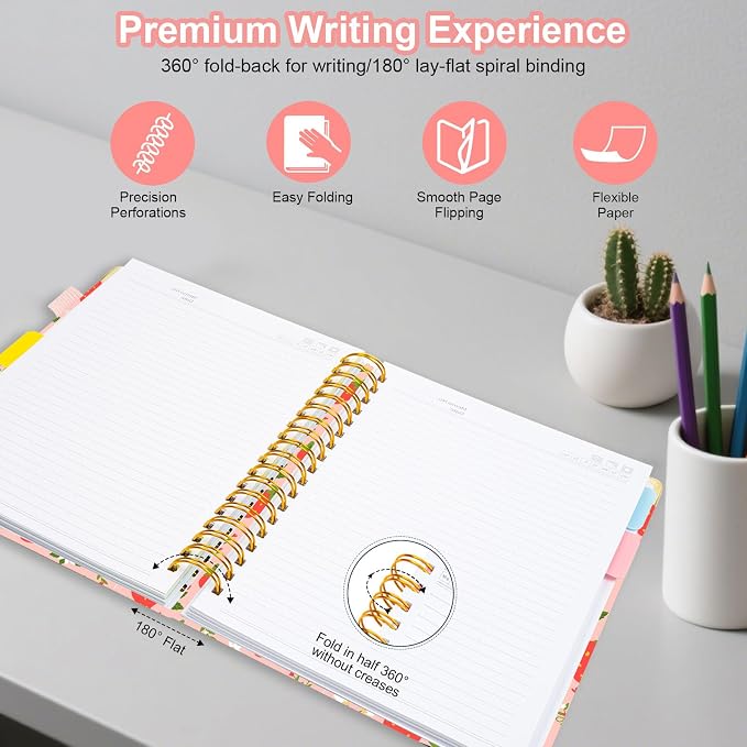 Spiral Journal Notebooks for Work, 300 Pages 5 Subject Notebook College Ruled with Dividers & Tabs, Notebook Journal for Women Students Note-Taking and Organizer (Pink Strawberry, 8.5''x 11'')