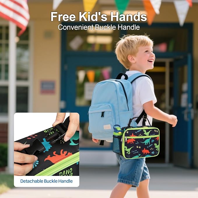 Bagseri Kids Lunch Bag with Ice Pack Included - Insulated Lunch Box for Boys Reusable Meal Tote for School & Travel, Black Dinosaur