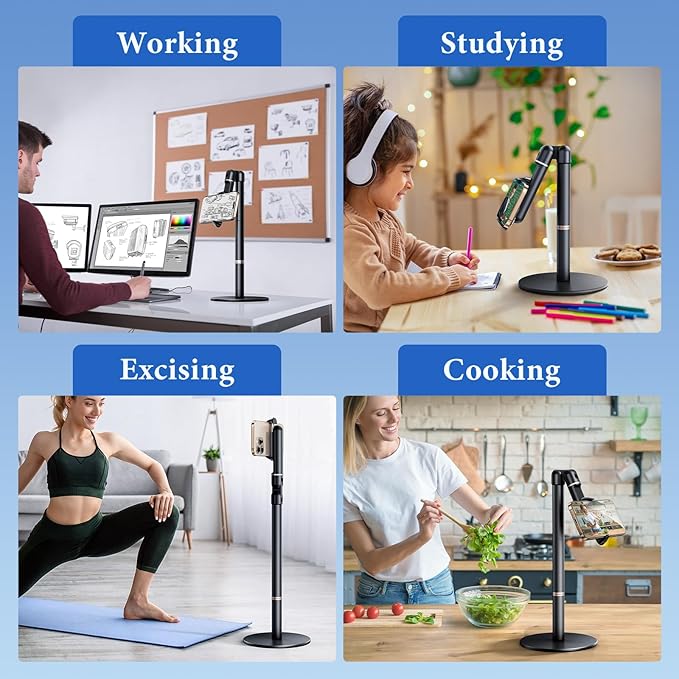 Angle Height Adjustable Phone Holder for Desk [10"-25"] - Retractable Cell Phone Holder for Video Recording Cooking Excising Working Reading -Aluminum iPhone 17 16 15 14 Pro Max Air Stand