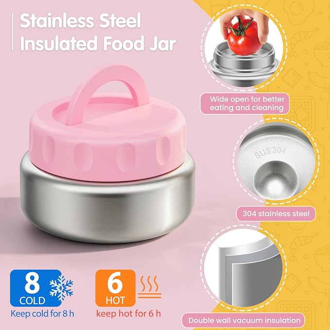 Stainless Steel Bento Box Kids Adult with 8oz Soup Thermo, 3 Compartments Metal Bento Lunch Box with Insulated Food Jar,Lunch Box Container Sauce Cup for School,BPA-Free(Pink)