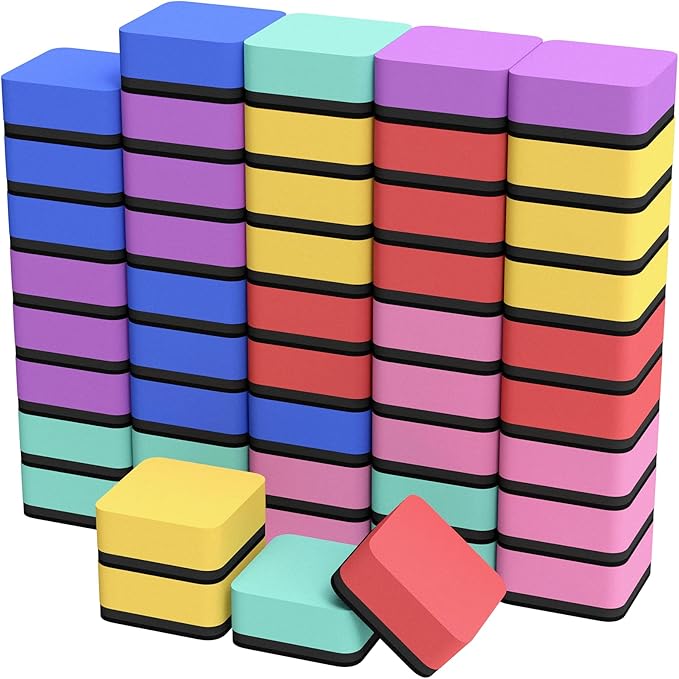 MaxGear 48 Pack Dry Erase Erasers, Magnetic Whiteboard Dry Erasers for Classroom, Mini Whiteboard Cleaning Pads, Chalkboard Wiper Teacher Supplies for School, Office, Home, 6 Color Set, 2 x 2 Inch