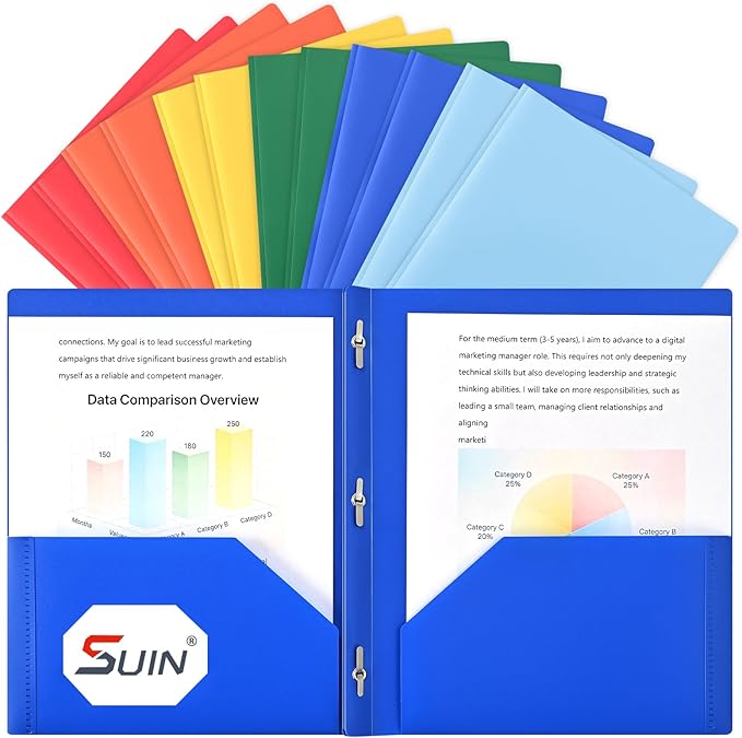 SUIN Plastic Project-Folder with 2 Pockets and 3-Prong Fasteners, for US Letter Size, Bulk Pack Color File-Folder for US Letter Size Papers, Ideal for School & Office, (Assorted Bright Colors)