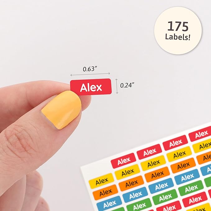 Mini Name Labels (175) - Custom Personalized Name Labels for Labeling Tiny Items, Washer and Dryer-Safe Waterproof Labels for Daycare, Preschool, and School - Rainbow