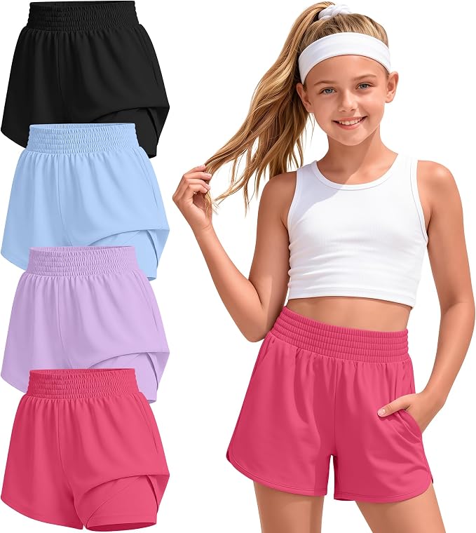 4 Pack Girls Athletic Shorts 2 in 1 Quick Dry High Waist Tween Shorts with Liner Kids Back to School Running Shorts