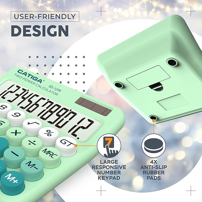CATIGA Mechanical Switch Calculator with Solar and Battery Dual Power, 12-Digit Large LCD Display, Aesthetic and Cute Desktop Calculator with Big Button, for Home, School and Office Use, SD-1299