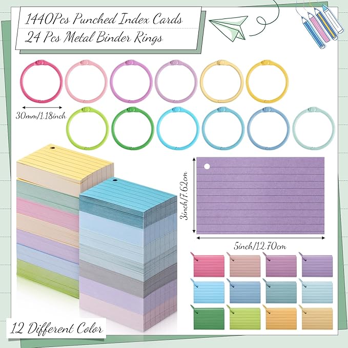 Ctosree 1440 Pcs Back to School Gifts Colored Index Cards with Binder Ring Ruled Flash Cards 12 Color Lined Note 56lb Cover for Studying Memory Office School(3 x 5 Inch,Fresh Color)