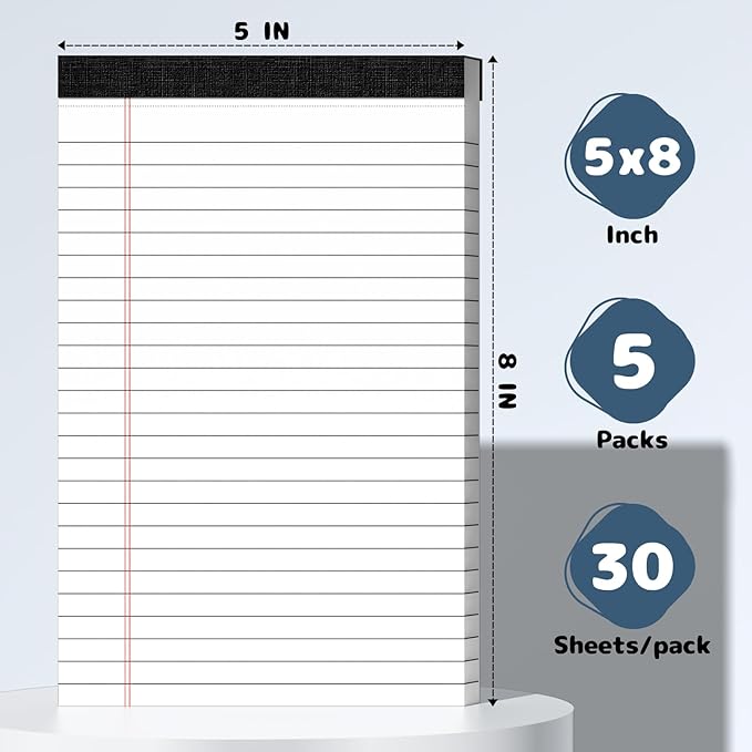 5x8 Legal Pads Writing Pad Note Pads, 5 Pack College Ruled Lined Paper Pad, White Perforated Notebook, Premium Notepads for School Office Home, 30 Sheets/Pack