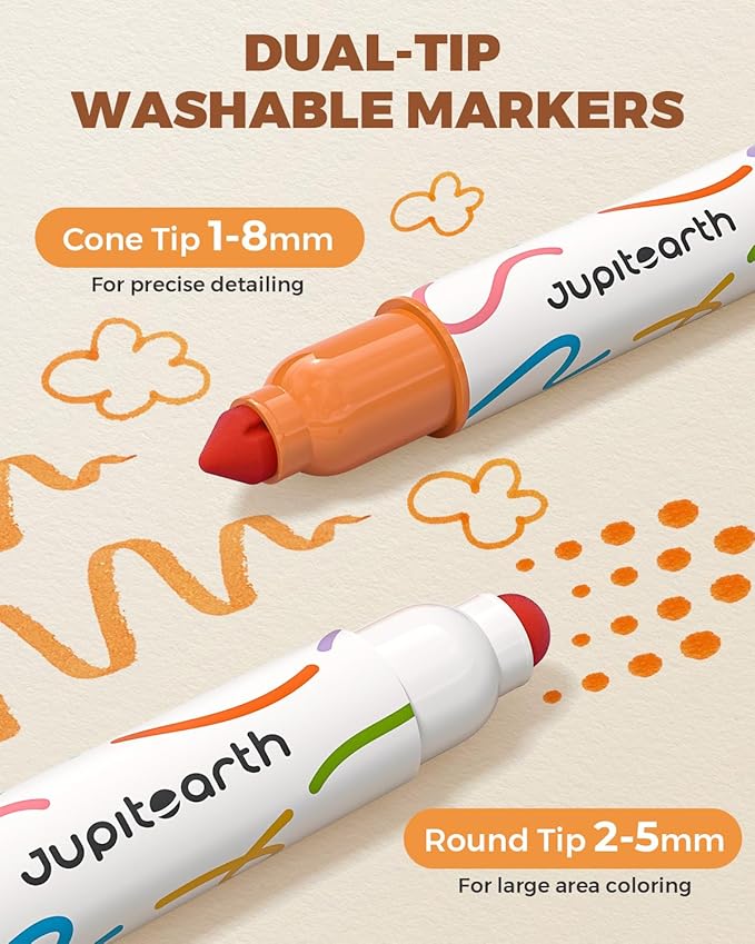 JUPITEARTH Washable Dual Tip Markers for Kids, Broad & Round Tip, Easy-Grip Design for Little Hands, 12 Vibrant Colors Toddler Markers with Portable Case, Ideal Christmas Gift for Kids Toddlers