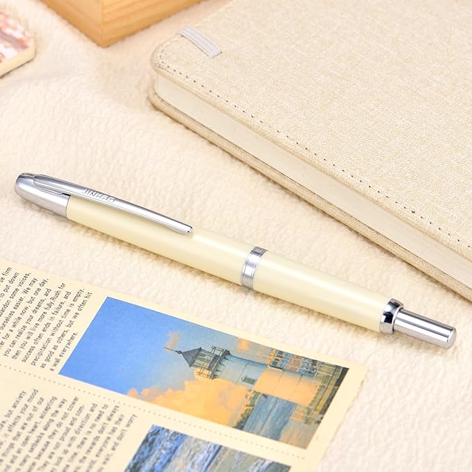 Jinhao 20 Press Fountain Pen, Ivory White Retractable Extra Fine Nib with Ink Converter Set (Silver Clip)
