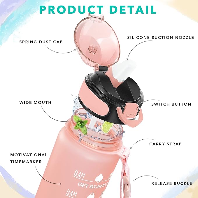 Enerbone 32 oz Water Bottle with Times to Drink and Straw, Motivational Drinking Water Bottles with Carrying Strap, Leakproof BPA & Toxic Free, Ensure You Drink Enough Water for Fitness Gym Outdoor