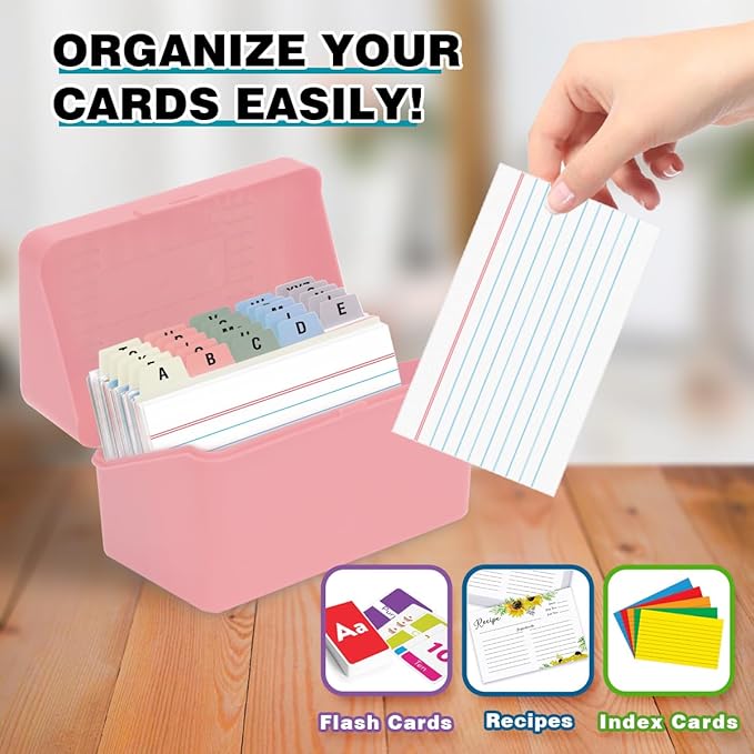 H4D 3x5 Index Card Holder with 100 Heavyweight Ruled Index Cards and 25 Plastic Dividers, Light Pink