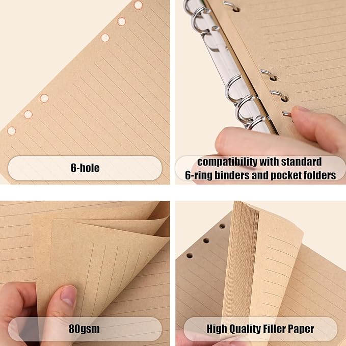 Koogel Filler Paper, 6 Hole Punched, 100 Sheets Loose Leaf College Ruled Lined Notebook Paper, 5.6'' x 8.25'' Filler for Notebooks Journals School Office Writing Supplies, Brown