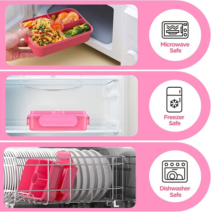 Jelife Kids Lunch Bento Box, Large Bento-Style Leakproof Boxes 4 Compartments Girls Snack Containers with Tableware for Back to School, Reusable On-the-Go Meal and Packing, Pink