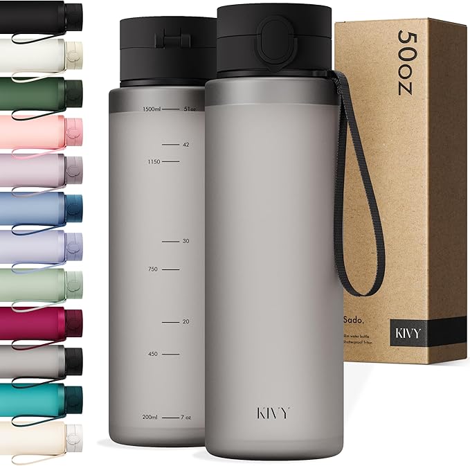 KIVY Slim Water Bottle 50oz with Leakproof Flip Lid [Lightweight & Shatterproof] for Travel, Sports, School - Extra large water bottle no straw - 1.5 Liter water bottles