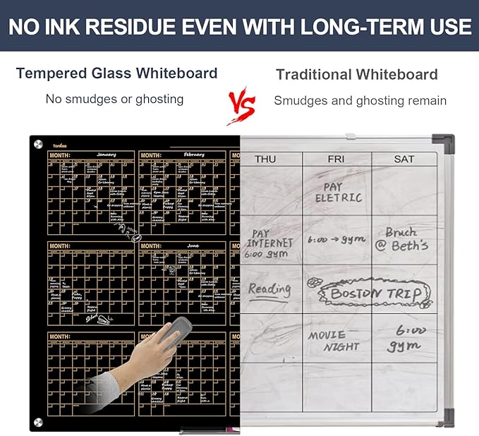 Magnetic Glass Whiteboard, 48x36 Inches Black Glass Calendar Dry Erase Board for Wall, Large Yearly Calendar White Board for Office School Home Classroom Kitchen