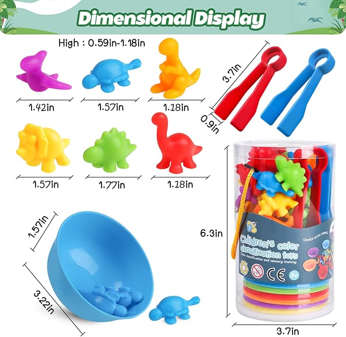 Counting Dinosaur Matching Toys with Sorting Bowls Montessori Preschool Educational Activities Learning Color Sorting Fine Motor Skills Sensory Toys Birthday Gift for 3 4 5 Year Old Boys Girls