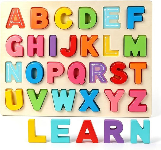 LovesTown Wooden Alphabet Puzzle, ABC Learning Board Build Pre-Reading Skills with Letter Blocks, Matching Games Toys for Daycare Homeschool Kids