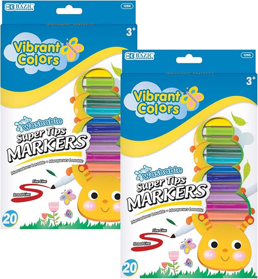BAZIC Products Washable Markers Super Tip 20 Color, Fine Line Coloring Marker Non Toxic, for Art School Supplies, Drawing Gift (20/Pack), 2-Packs