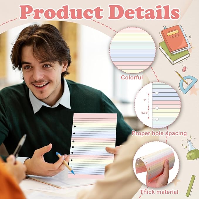 400 Sheets Colored Loose Leaf Paper 5.5" x 8.5" 7 Hole Lined Filler Paper College Ruled Notebook Refill Pad Pastel Colored Lined Refills Hole Punched Notebook Refills for 3 or 7 Ring Binders