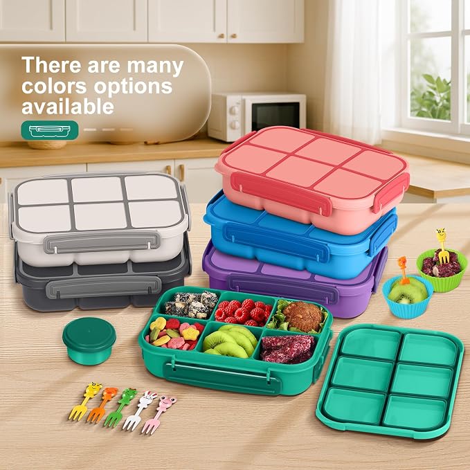 Amathley Lunch Box Kids Girls Boys,Bento Box Adult,Toddler Lunch Containers for School,Leakproof Snack Containers with 6 Compartments,Sauce Container,10 Food Picks and 4 Muffin Cups (Green)