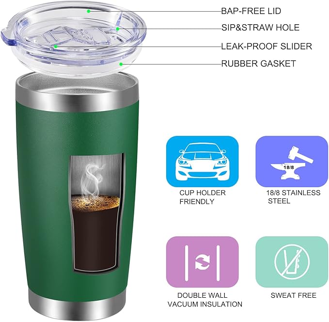 VEGOND 20oz Tumbler with Lid and Straw Stainless Steel Tumbler Cup Bulk Vacuum Insulated Double Wall Travel Coffee Mug Powder Coated Coffee Cup, Dark Green, 12 Pack