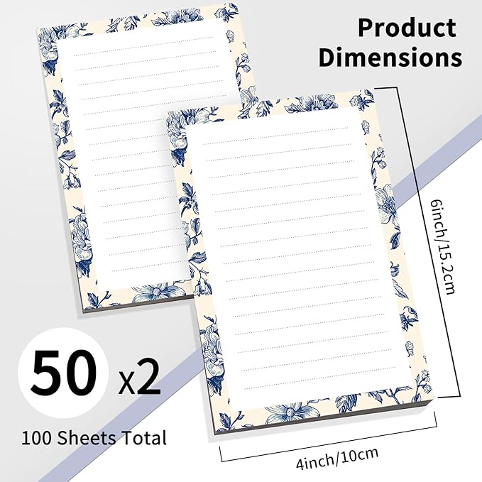 2 Pack Lined Sticky Notes 4x6 in, Cute Self-Stick Notepads with Lines, Large Memo Pads Strong Adhesive for Office, Home Blue Cute Boho Flower