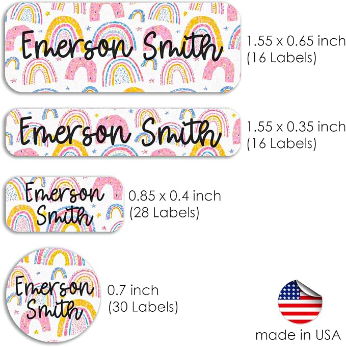 COACO Personalized Kids Name Labels, Holographic, Waterproof, 90 Labels (Pastel Rainbow)