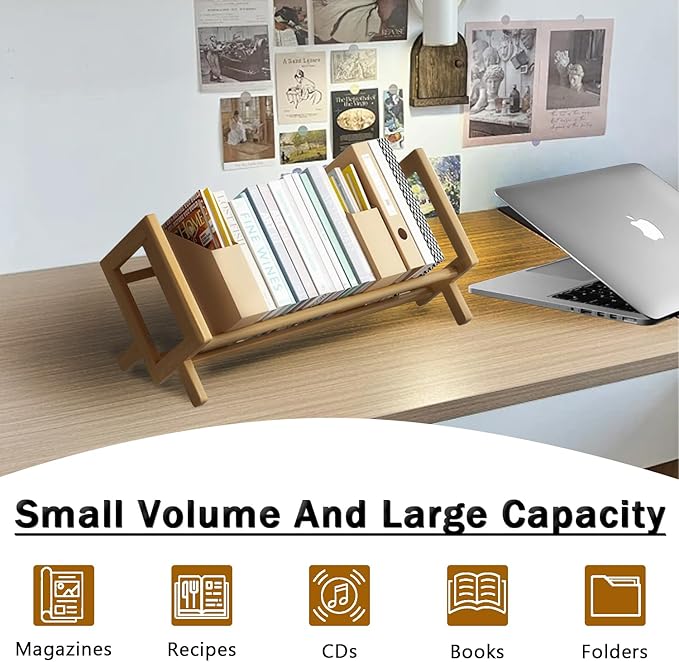 Desktop Bookshelf Bamboo Book Storage Organizer Large Magazine Holder Racks for Home Office Bedroom Tilting Bookcase for Books CDs Files Magazine Display Back to School Gift