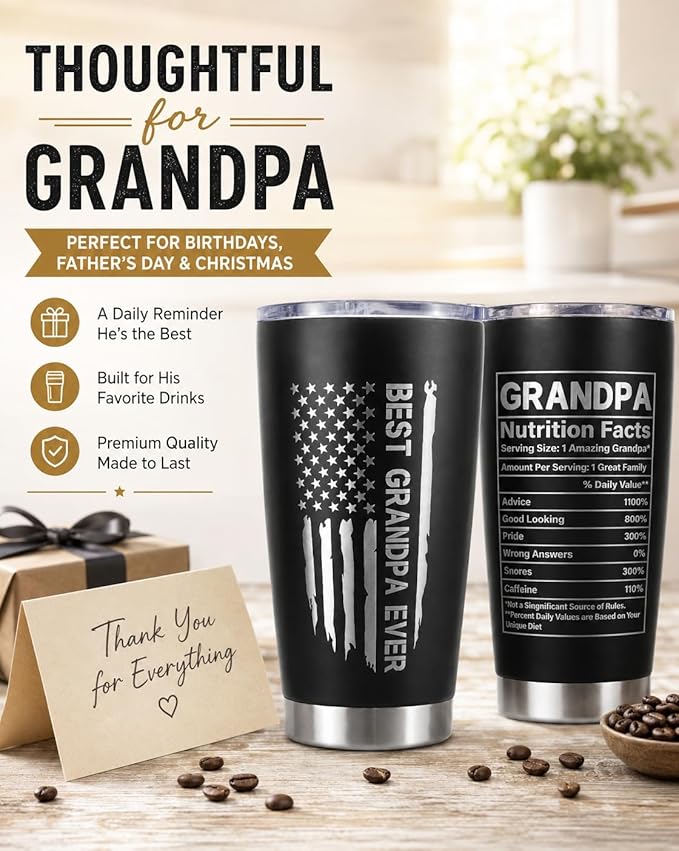 CYYFXKY Best Grandpa Ever 20oz Stainless Steel Tumbler, USA Flag Funny Nutrition Facts Insulated Travel Mug, Fathers Day Birthday Gift for Grandpa Men