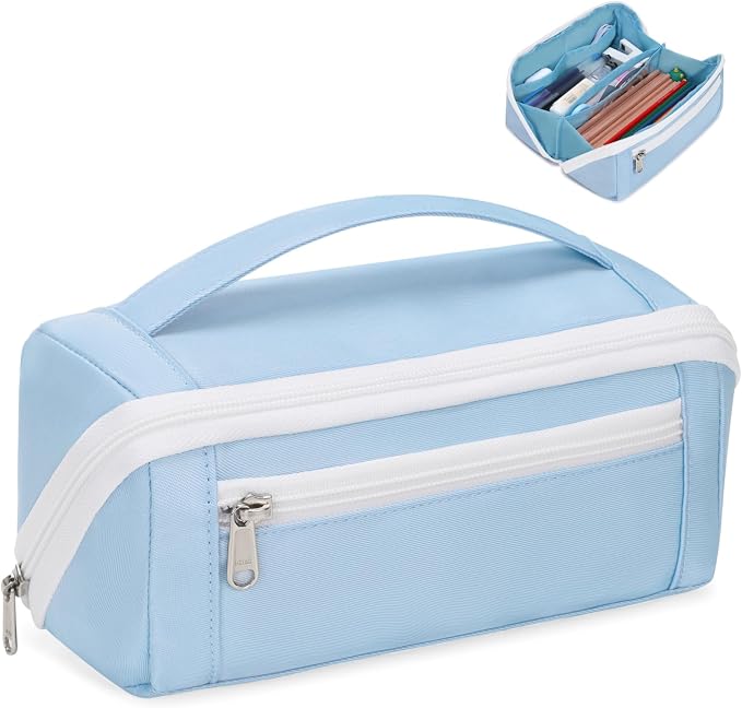 Large Capacity Pencil Case - Pencil Pouch for Teen Girls & Boys, Aesthetic Pouch Organizer with 8 Compartments, Wide Opening Marker Bag for Middle High School College, Fits Calculator, Blue