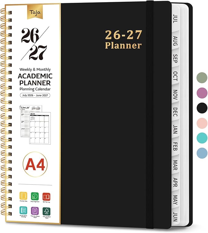 Planner 2026-2027, 8.5" x 11" Weekly and Monthly Academic Year Planner Calendar, July 2026 - June 2027, Hardcover Large School Planning Agenda With Tabs, Perfect for School & Office Supplies, A4, Black