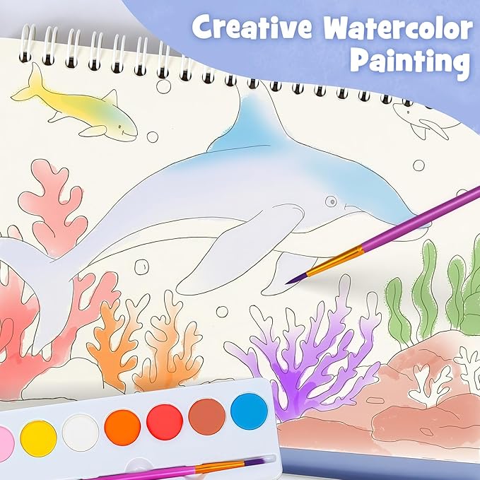 JCREN Paint with Water Books for Kids, Watercolor Coloring Book Mess Free Watercolor Painting Set, Arts and Crafts Water Color Paint Kit Birthday Gifts for Kids Toddlers 3-5 Boys Girls(Sea)