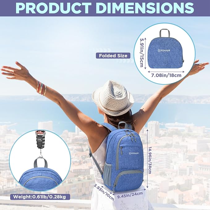 ZOMAKE Lightweight Packable Backpack, 20L Small Foldable Daypack for Hiking | Water Resistant Collapsible Backpacks for Women Men, Everyday Carry, Multi Compartment Storage,Adjustable Strap(Dark Blue B2)