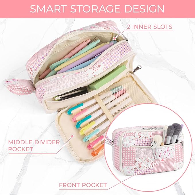WOBAGMEN Quilted Pencil Pouch for Girls Women, Large Pencil Case Pouch with Compartments Cute Aesthetic Pencil Case Organizer, Floral Pencil Bag for School Supplies (Pink Patchwork)