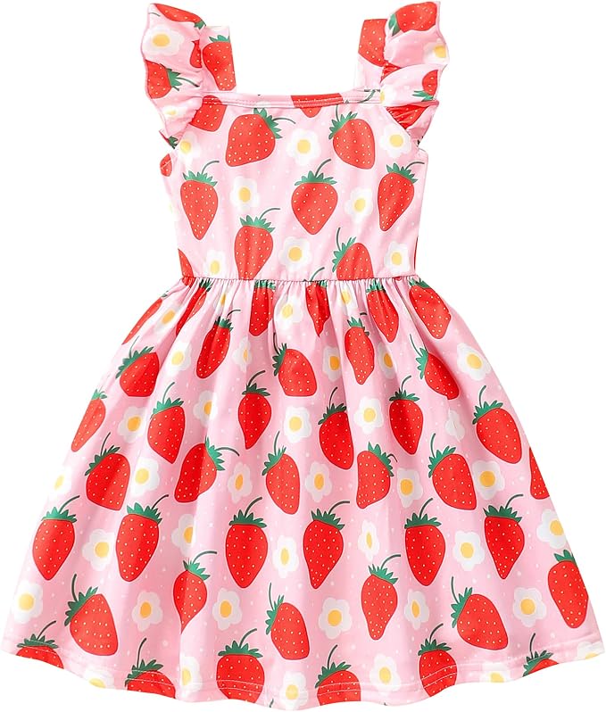 Popshion Girls Dresses Flutter Sleeve Swing Sundress Toddler Summer Clothes Kid Birthday Party Sleeveless Dress 1-8 Years Old