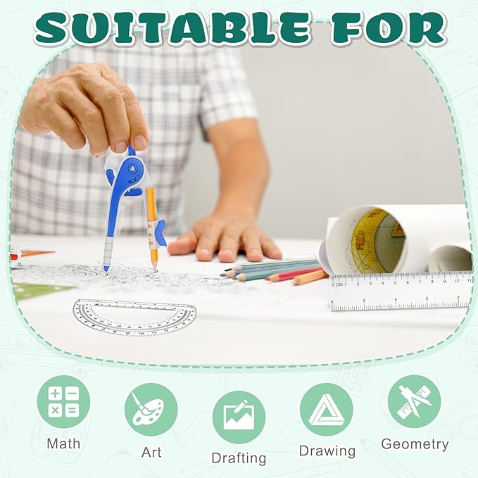 32 Pack Math Compass & Protractor Set Geometry Math 6 Inch Plastic Drawing Compass with Pencils Protractor for Geometry Bulk for Math Student Classroom School Office Woodworking Art Drawing