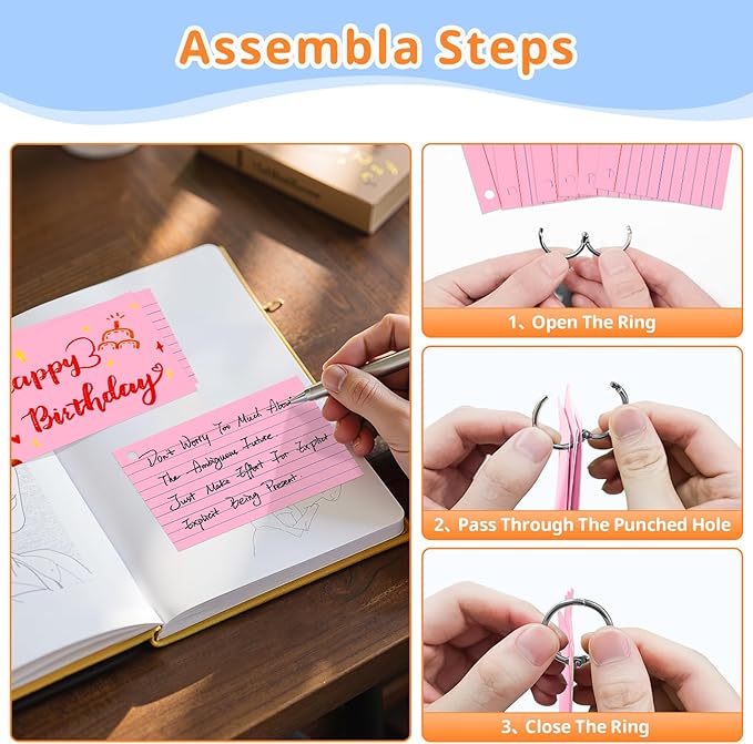 Index Cards 3x5 Inches, 300 PCS, Pink Flash Cards With Ring, Punched Lined Study Card Ruled Flashcards Notecards, Ruled Front And Blank Back, Note Card for School, College And Home