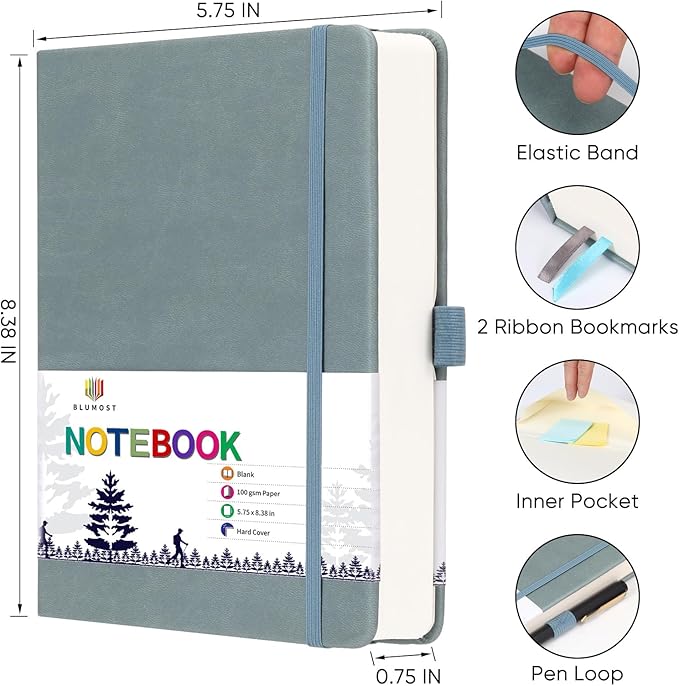 Blank Paper Notebook - 280 Pages A5 Blank Journal Notebook with 100gsm Thick Blank Paper, Hardcover, PU Leather, 5.75'' × 8.38''-Gray Blue