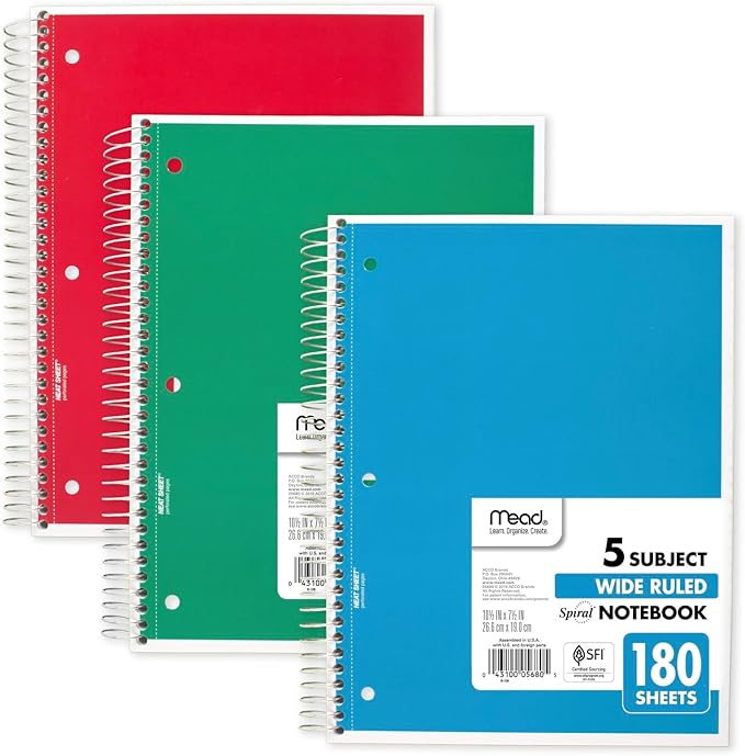 Mead Spiral Notebook, 5 Subject, Wide Ruled Paper, 7-1/2"x 10-1/2", 180 Sheets, Color Will Vary (930205-25)