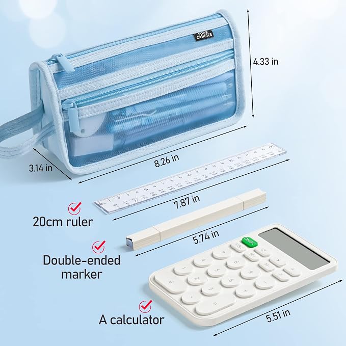 Four Candies Grid Mesh Pencil Case with Handle and Zipper, Clear Double-layer Pencil Pouch Marker Pouch, Travel Makeup Bag, Cute Transparent Stationary Organizer Pen Bag for Adult Office College | Smooth Zipper, Transparent Pencil Pouch, Cute Stationar...
