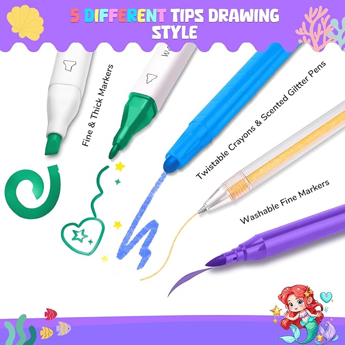 Mermaid Arts and Crafts for Girls Ages 4-5-6-7-8, 70 PCS Art Supplies Set with Bonus Mermaid Hairpin, 3D Glitter Case, Washable Dual Tip Markers, Scented Gel Pens & Twist-up Crayons, Birthday Gift