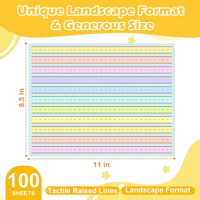 100 Sheets Horizontal Handwriting Paper Raised Line Paper Wide Ruled 0.5 Inch Kindergarten Writing Paper with Lines 8.5"x 11" Colored ADHD Writing Practice for Kids Learning Multi Sensory Dysgraphia