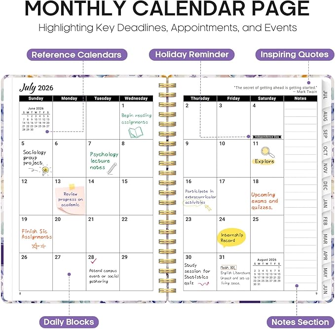 Planner 2026-2027, Academic Year Monthly and Weekly Calendar Planner, Jul 2026 - Jun 2027, Hardcover Teacher Student Planning Agenda book with Tabs, Perfect for School Office Supplies, 6.3" x 8.5" - Purple Blocks