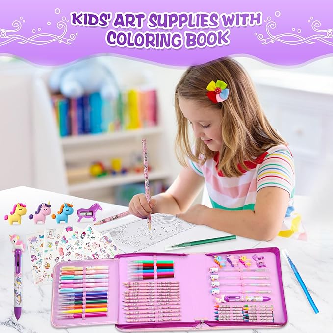 CozyJoyz Unicorn Washable Marker Set, 59 Pcs Arts and Crafts Coloring Set for Kids, Drawing Art Supplies Birthday Gifts for Girls Toys 4 5 6 7 8 9 Year Old (Purple)