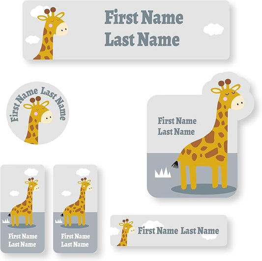 Personalized Kids Name Labels – Waterproof Custom Stickers for Daycare & School, Dishwasher & Laundry Safe (Giraffe - Grey)