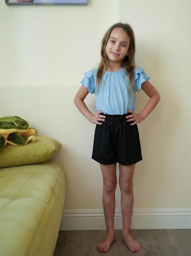 Arshiner Girls 2 Piece Outfits Summer Ruffle Sleeve Top and Paperbag Waist Shorts Set with Pockets Size 5-13 Years