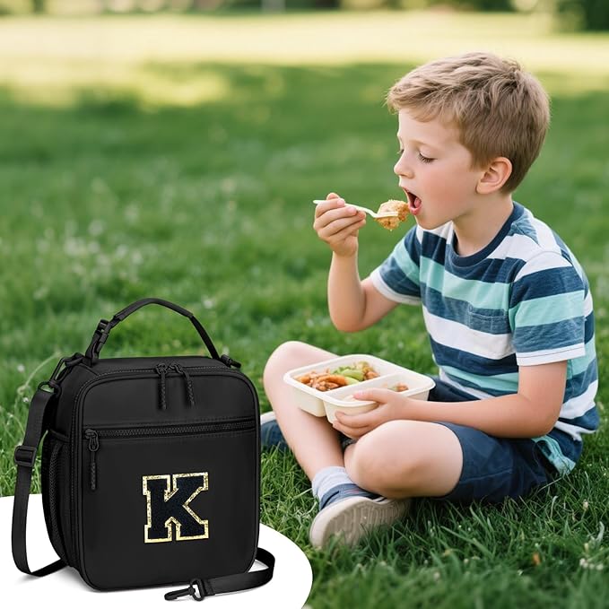Initial Insulated Lunch Bag for Boys Kids, Back to School Gift, Reusable Leak-proof Lunch Box with Adjustable Strap for School Daycare Travel Picnic（Black，K）