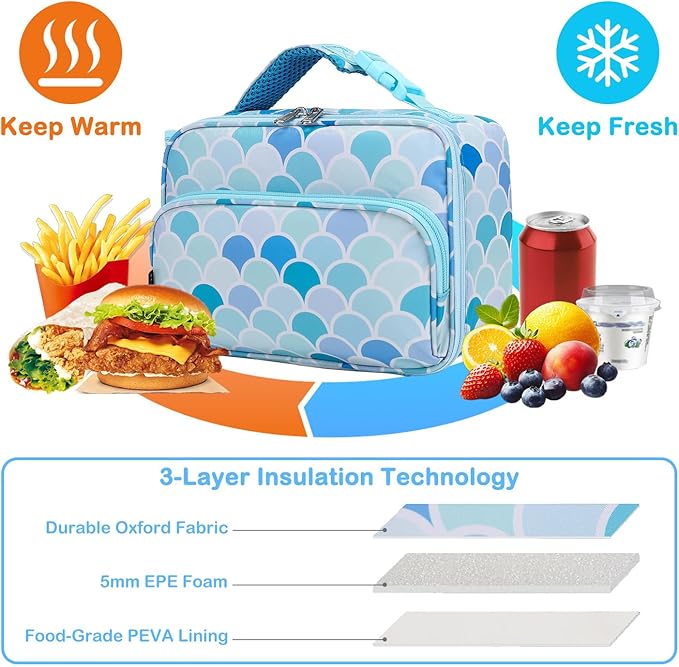 FlowFly Kids Lunch box with buckle Insulated Cooler Back to School Thermal Meal Tote Kit for Girls, Boys (Mermaid)
