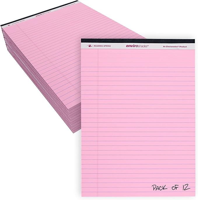 ROARING SPRING Enviroshades Pink Legal Pads, 12 Pack, Legal Ruled Recycled Colored Writing Note Pads, 8.5" x 11", 50 Sheets, Perforated Paper, Made in USA, Memo Pad For School & Office